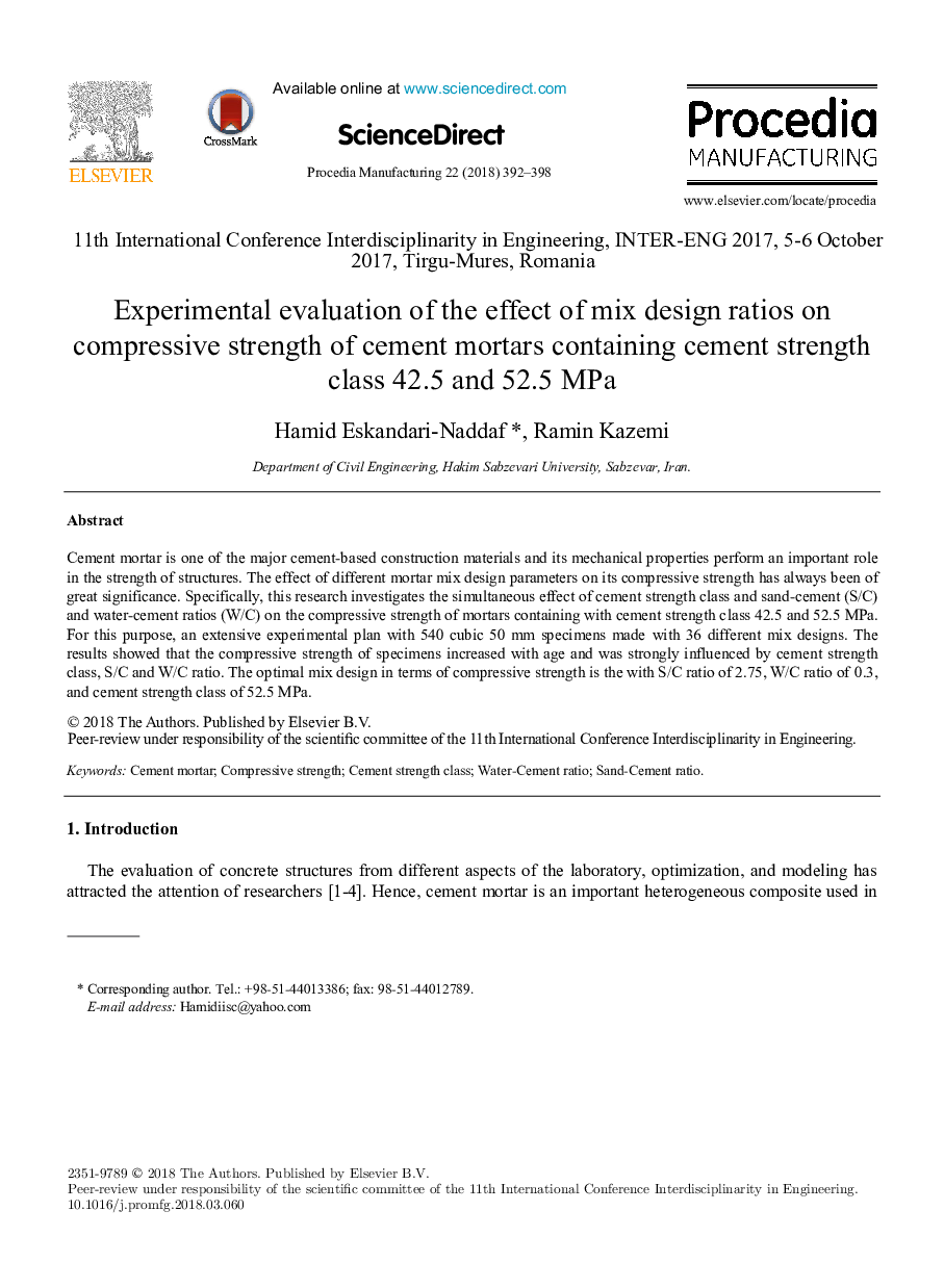 Experimental evaluation of the effect of mix design ratios on compressive strength of cement mortars containing cement strength class 42.5 and 52.5 MPa