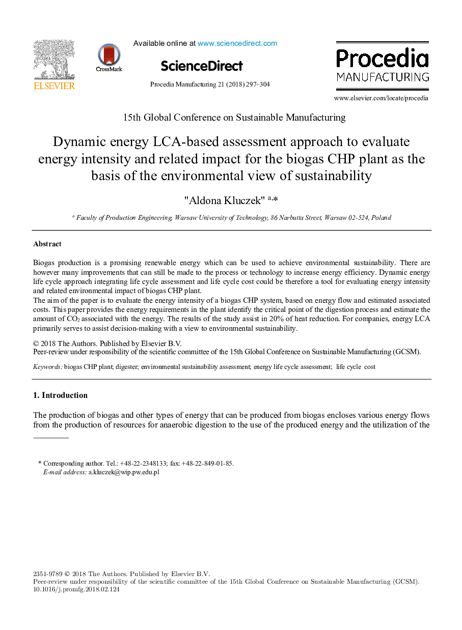 Dynamic energy LCA-based assessment approach to evaluate energy intensity and related impact for the biogas CHP plant as the basis of the environmental view of sustainability