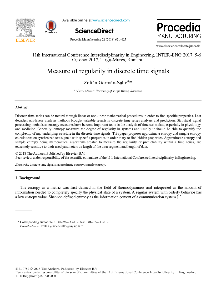 Measure of regularity in discrete time signals