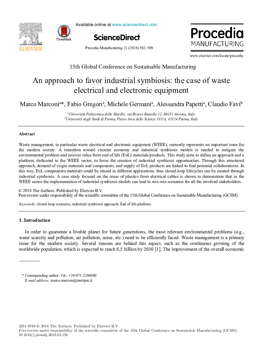 An approach to favor industrial symbiosis: the case of waste electrical and electronic equipment