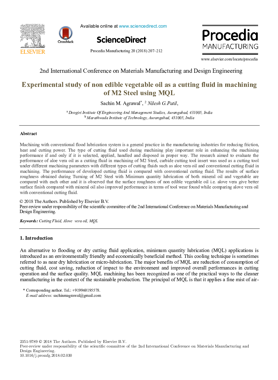 Experimental study of non edible vegetable oil as a cutting fluid in machining of M2 Steel using MQL