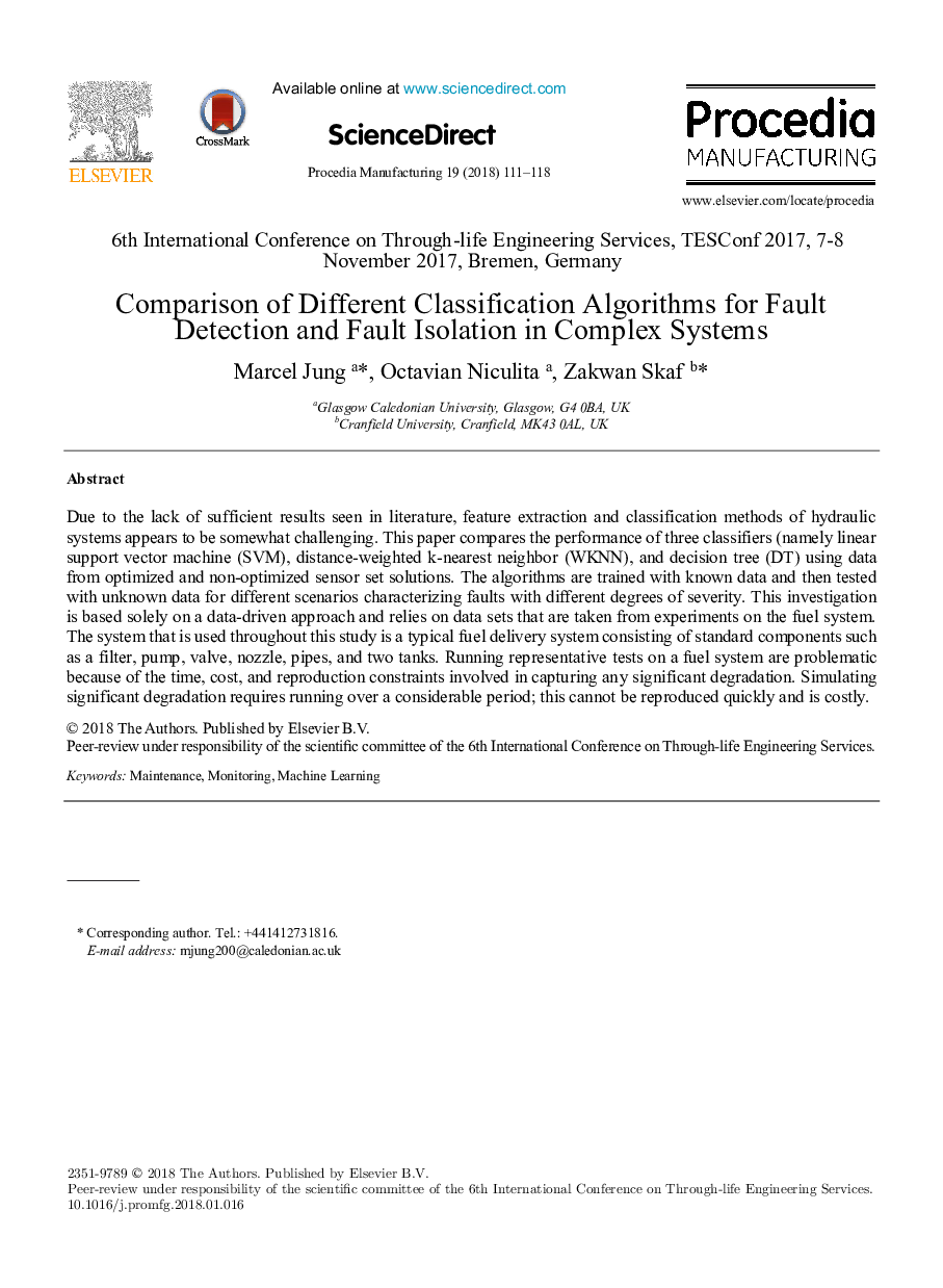 Comparison of Different Classification Algorithms for Fault Detection and Fault Isolation in Complex Systems