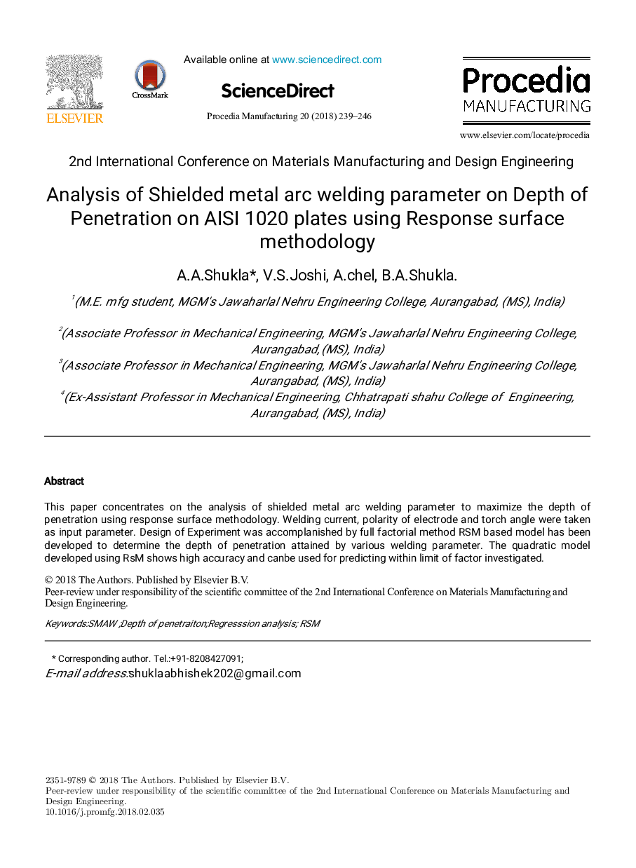 Analysis of Shielded metal arc welding parameter on Depth of Penetration on AISI 1020 plates using Response surface methodology