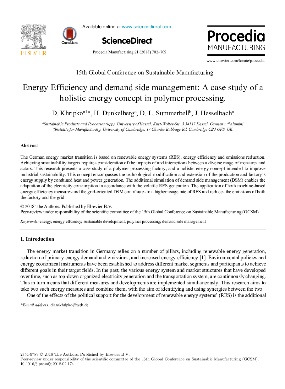 Energy Efficiency and demand side management: A case study of a holistic energy concept in polymer processing