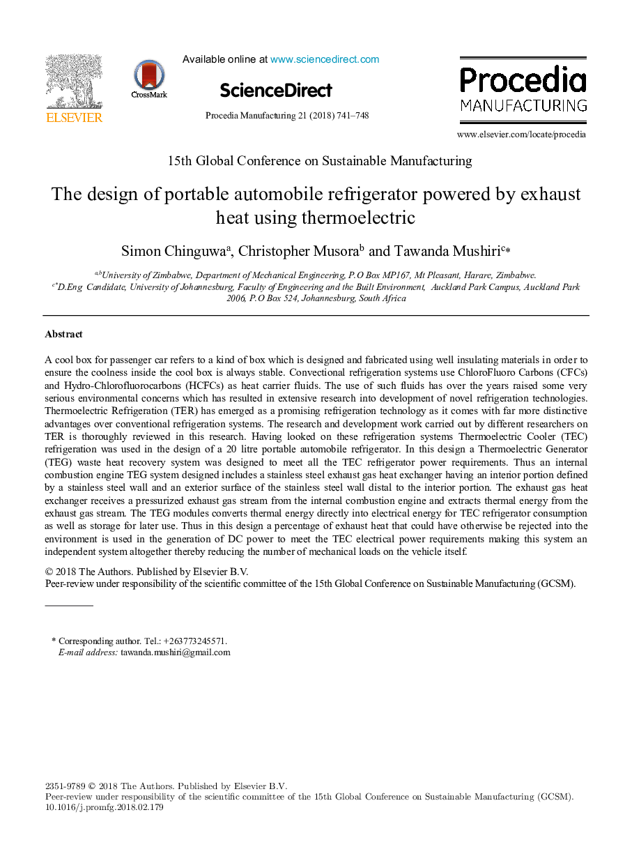 The design of portable automobile refrigerator powered by exhaust heat using thermoelectric