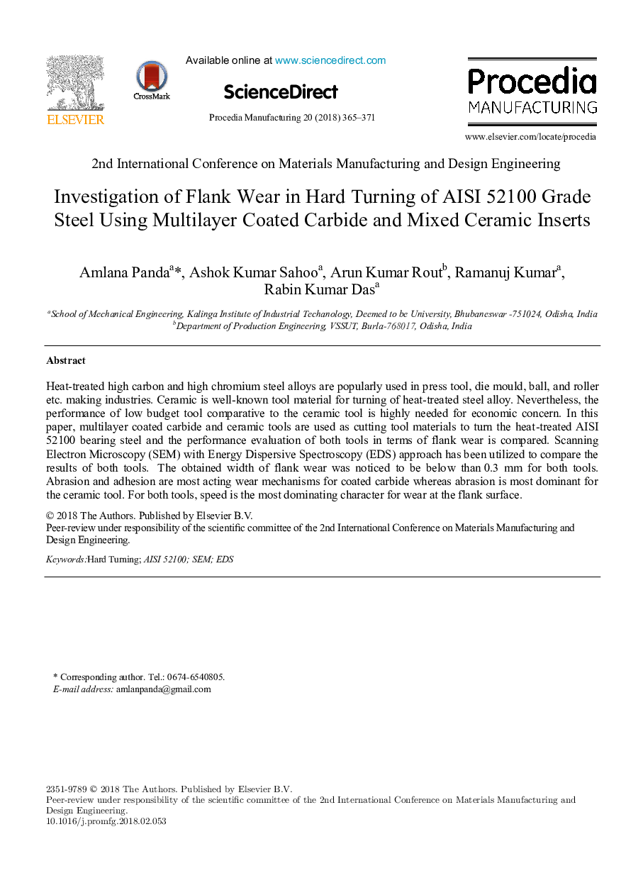 Investigation of Flank Wear in Hard Turning of AISI 52100 Grade Steel Using Multilayer Coated Carbide and Mixed Ceramic Inserts