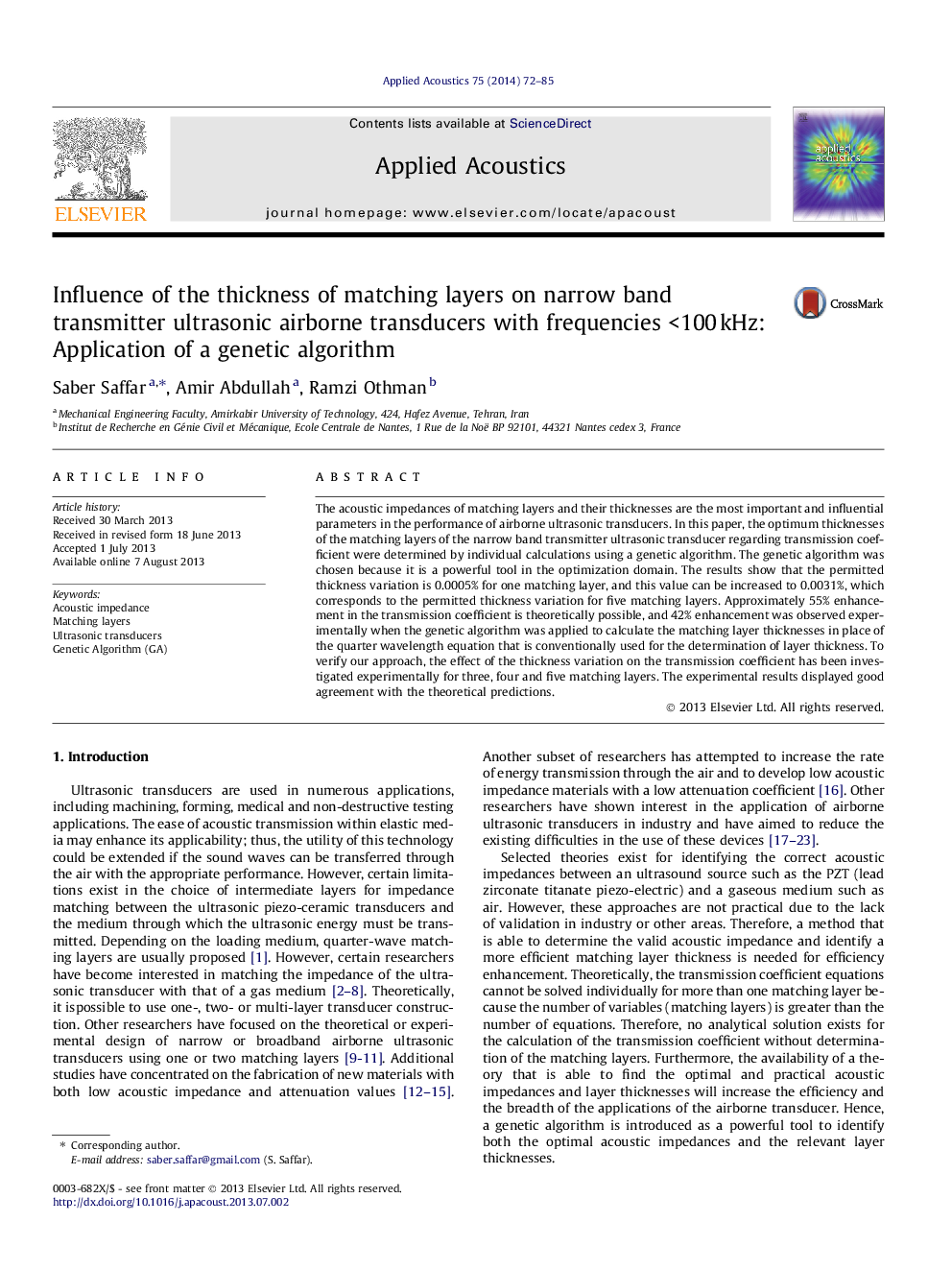 Influence of the thickness of matching layers on narrow band transmitter ultrasonic airborne transducers with frequencies <100 kHz: Application of a genetic algorithm