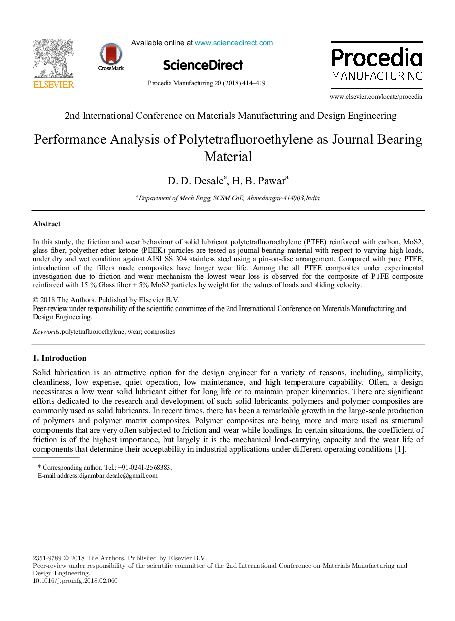 Performance Analysis of Polytetrafluoroethylene as Journal Bearing Material