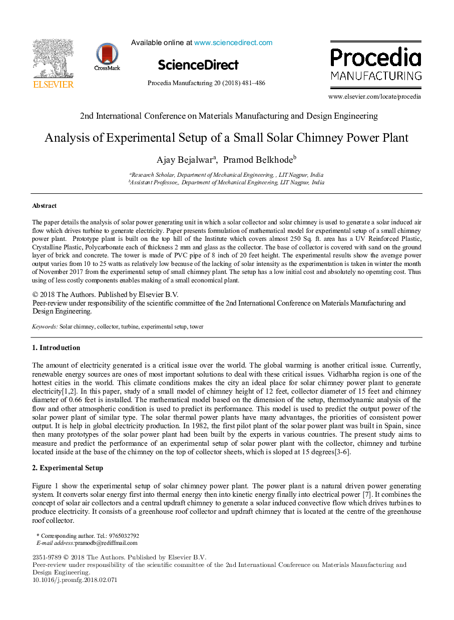 Analysis of Experimental Setup of a Small Solar Chimney Power Plant