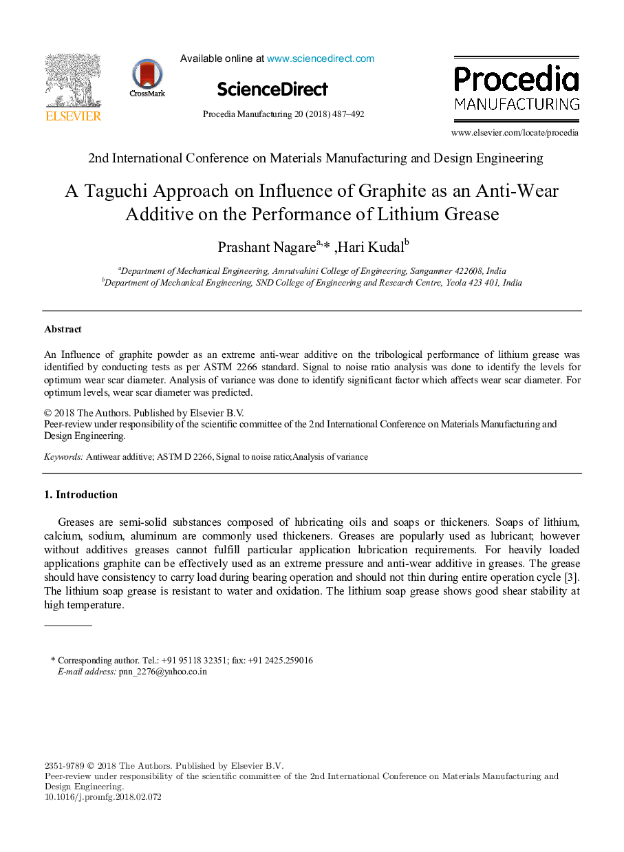 A Taguchi Approach on Influence of Graphite as an Anti-Wear Additive on the Performance of Lithium Grease