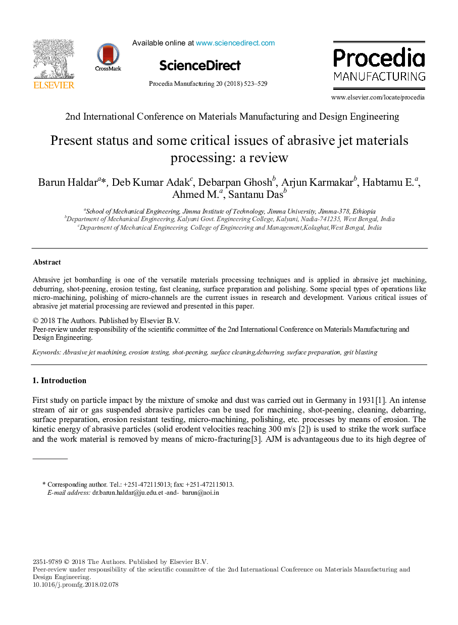 Present status and some critical issues of abrasive jet materials processing: a review