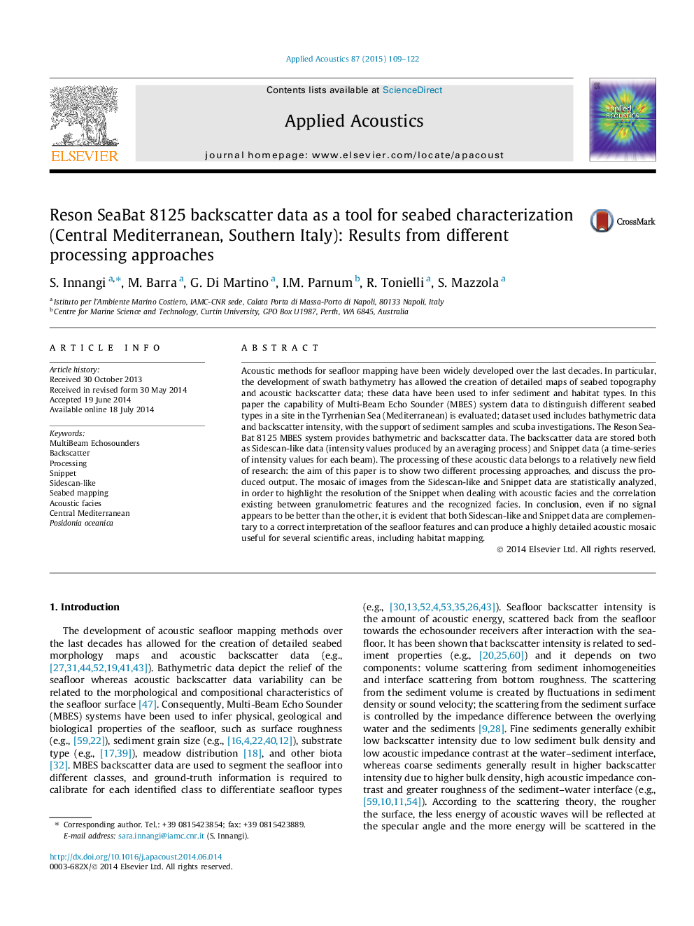 Reson SeaBat 8125 backscatter data as a tool for seabed characterization (Central Mediterranean, Southern Italy): Results from different processing approaches