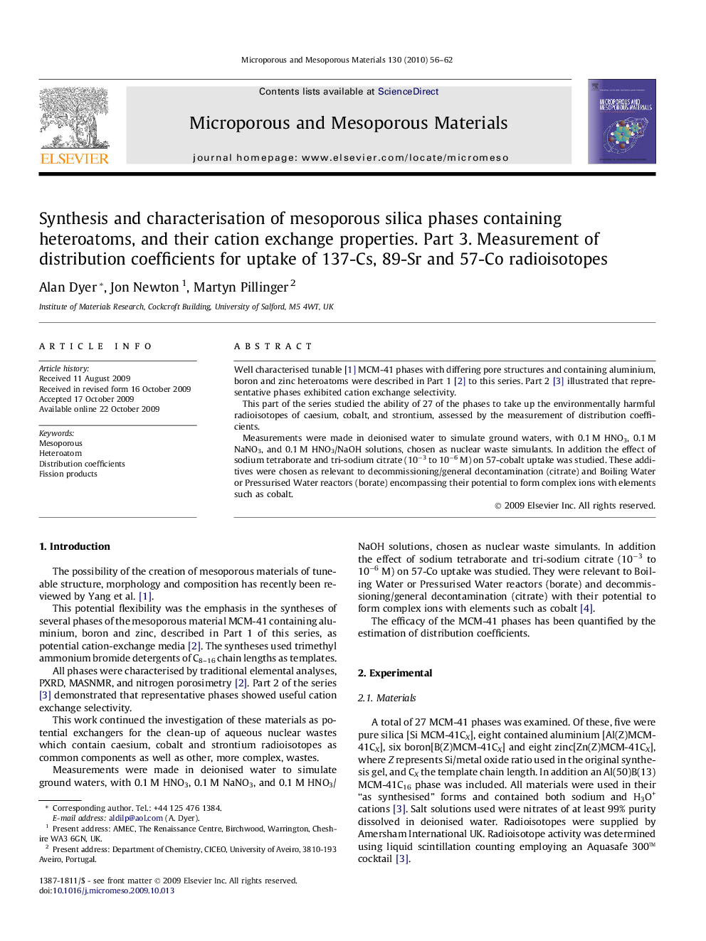 Synthesis and characterisation of mesoporous silica phases containing heteroatoms, and their cation exchange properties. Part 3. Measurement of distribution coefficients for uptake of 137-Cs, 89-Sr and 57-Co radioisotopes