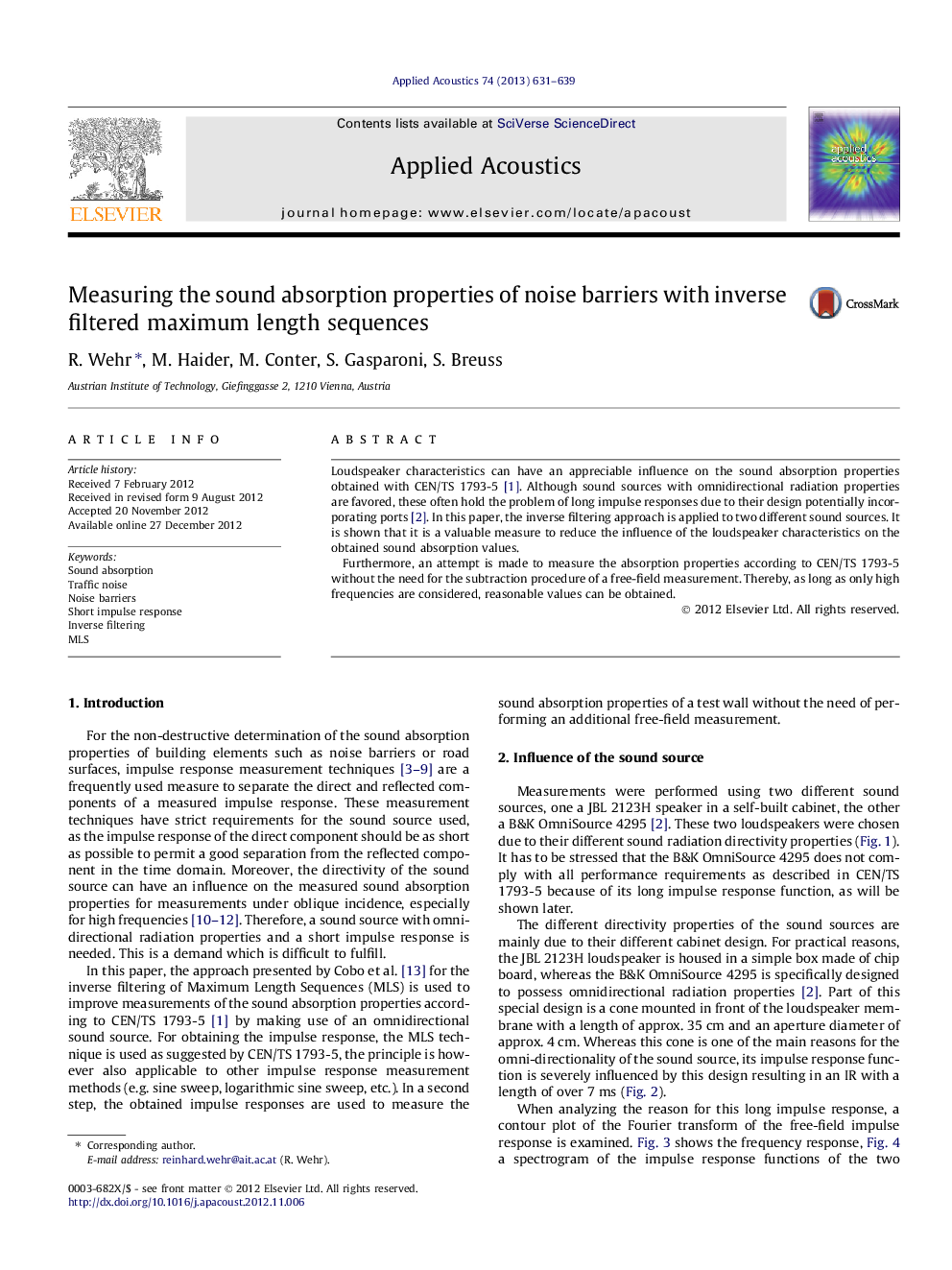 عکس صفحه اول مقاله: Measuring the sound absorption properties of noise barriers with inverse filtered maximum length sequences Measuring the sound absorption properties of noise barriers with inverse filtered maximum length sequences