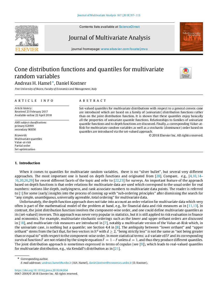 Cone distribution functions and quantiles for multivariate random variables