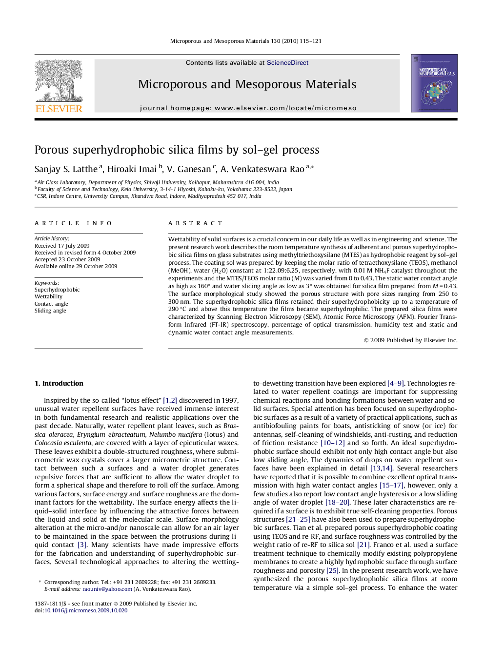 Porous superhydrophobic silica films by sol–gel process