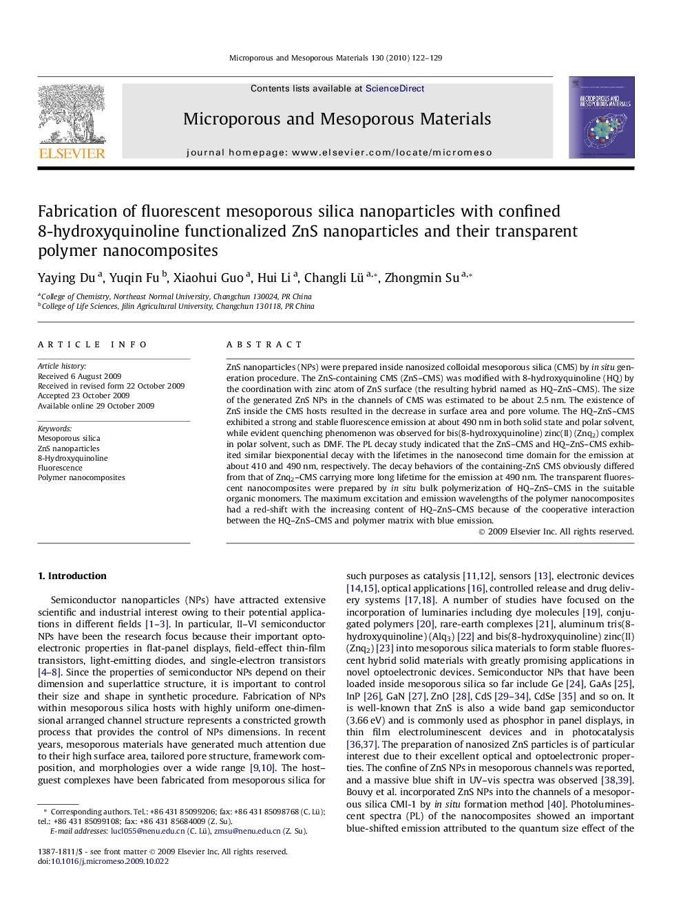 Fabrication of fluorescent mesoporous silica nanoparticles with confined 8-hydroxyquinoline functionalized ZnS nanoparticles and their transparent polymer nanocomposites