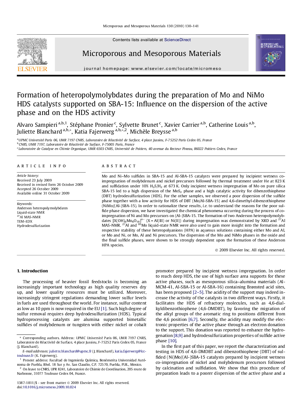 Formation of heteropolymolybdates during the preparation of Mo and NiMo HDS catalysts supported on SBA-15: Influence on the dispersion of the active phase and on the HDS activity