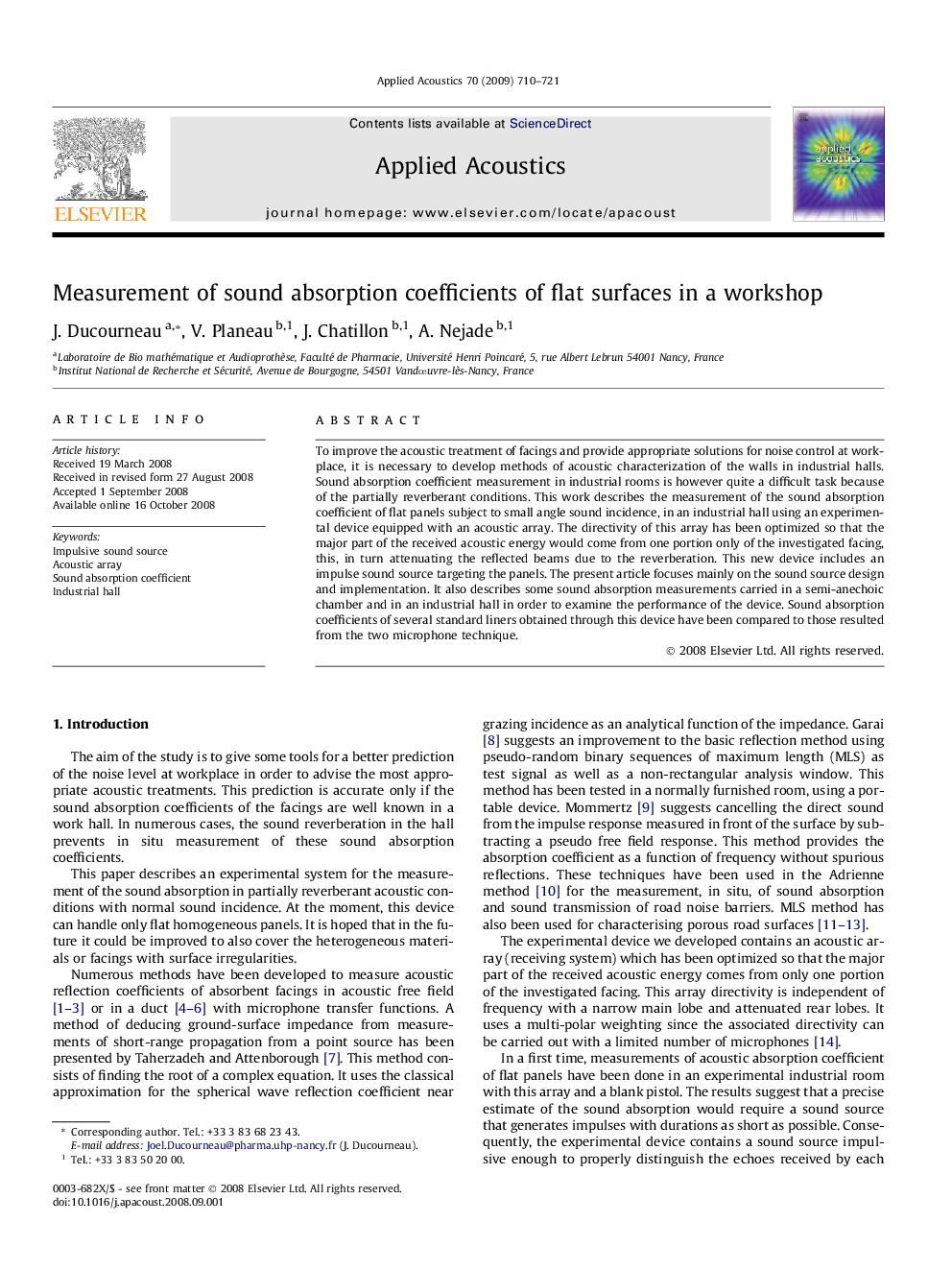 Measurement of sound absorption coefficients of flat surfaces in a workshop