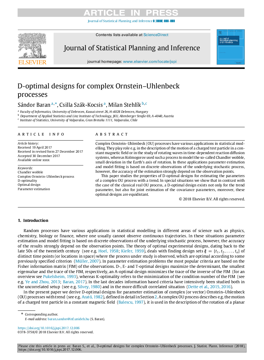 عکس صفحه اول مقاله: D-optimal designs for complex Ornstein-Uhlenbeck processes D-optimal designs for complex Ornstein-Uhlenbeck processes