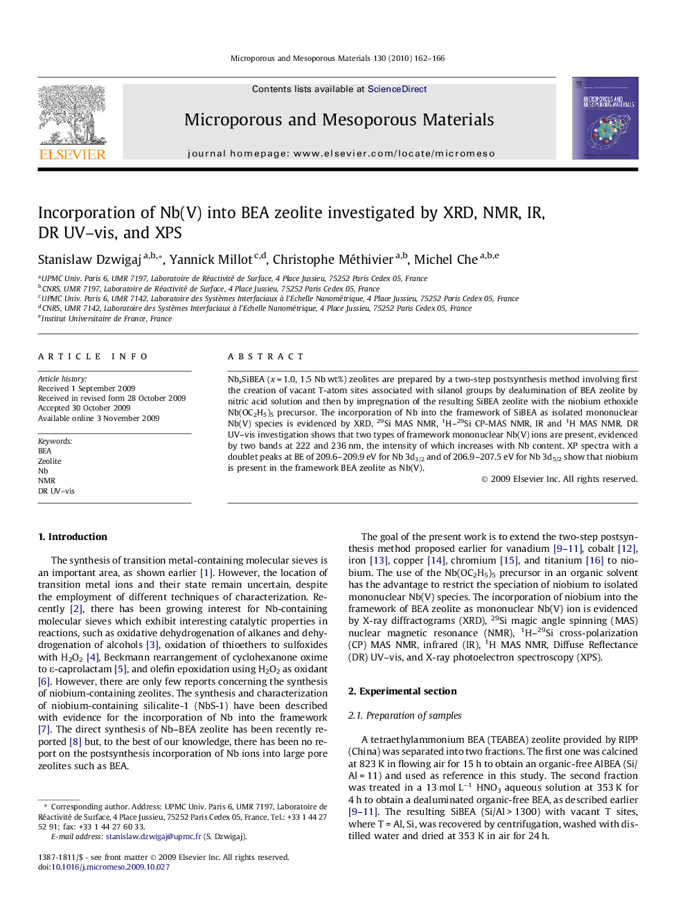 Incorporation of Nb(V) into BEA zeolite investigated by XRD, NMR, IR, DR UV–vis, and XPS