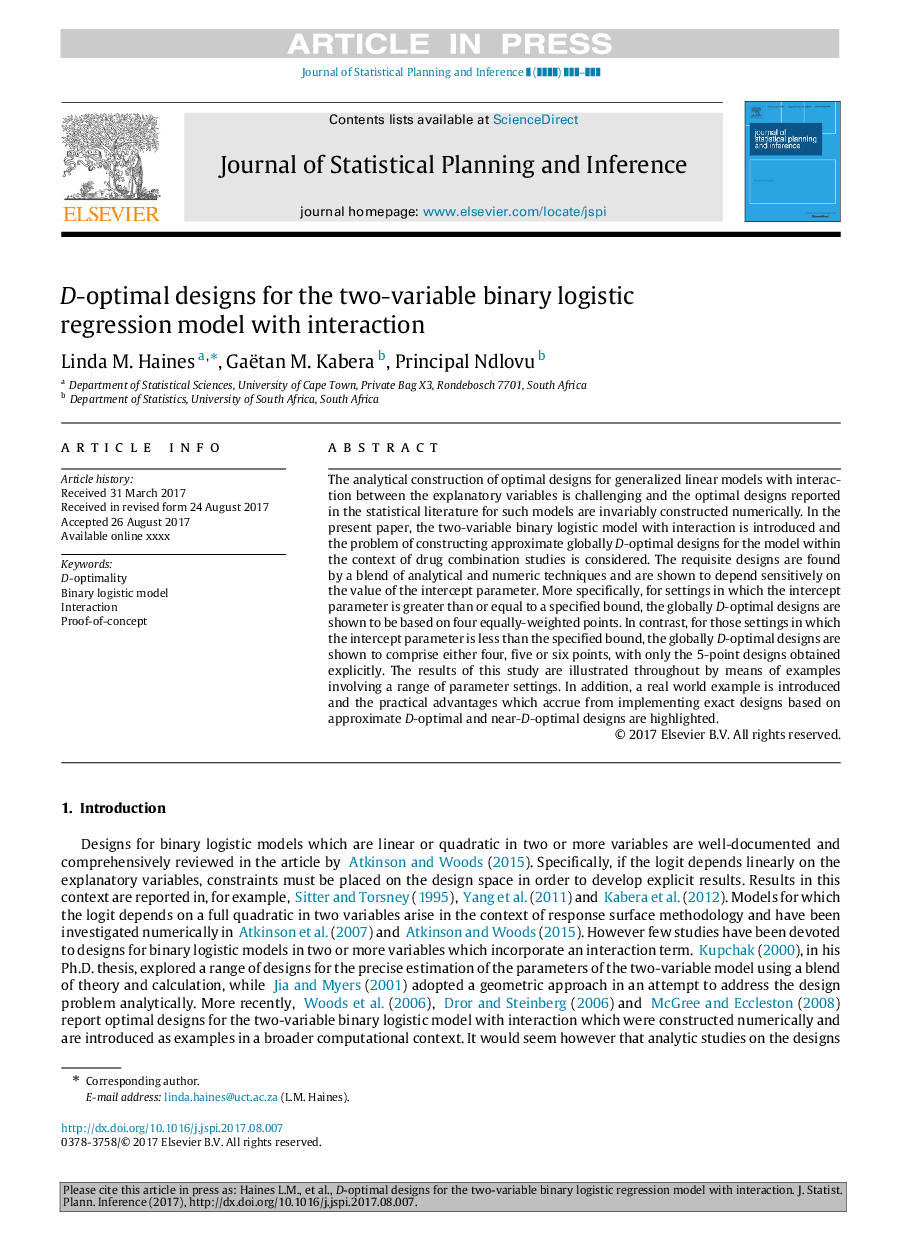عکس صفحه اول مقاله: D-optimal designs for the two-variable binary logistic regression model with interaction D-optimal designs for the two-variable binary logistic regression model with interaction
