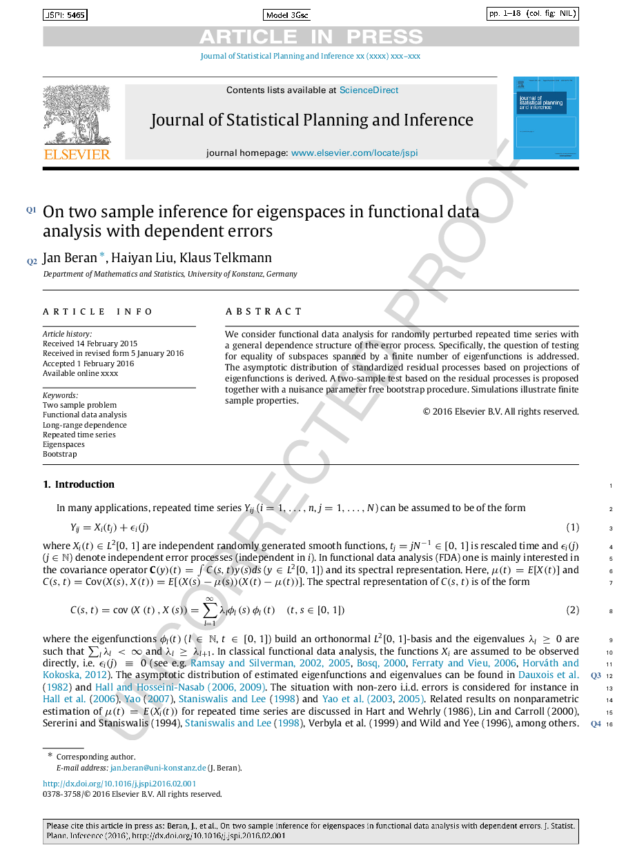 On two sample inference for eigenspaces in functional data analysis with dependent errors