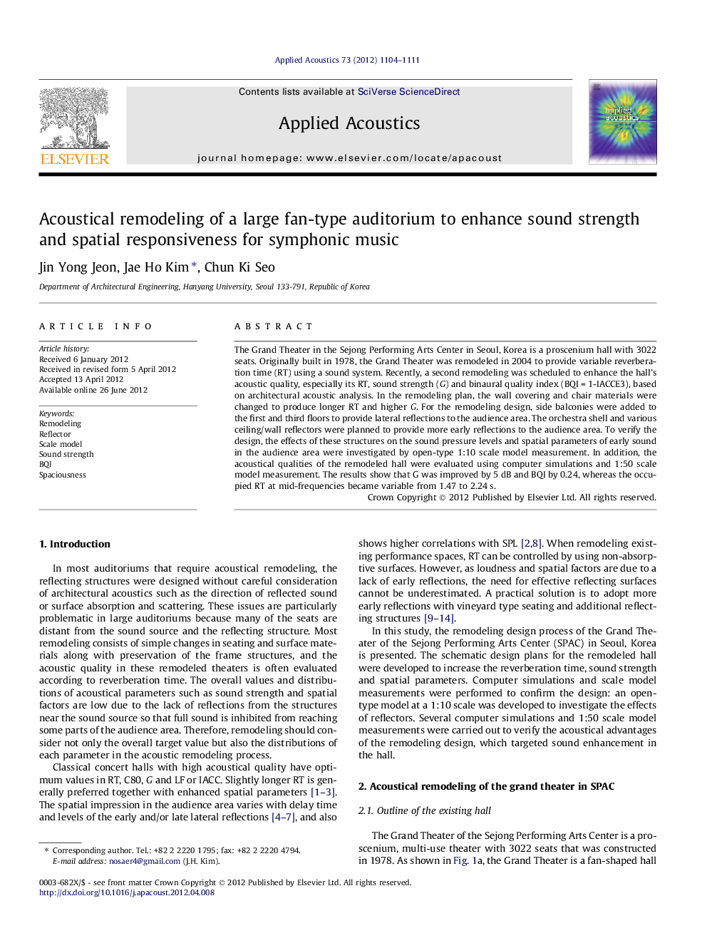 Acoustical remodeling of a large fan-type auditorium to enhance sound strength and spatial responsiveness for symphonic music