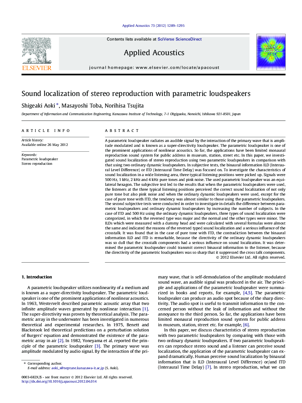 Sound localization of stereo reproduction with parametric loudspeakers