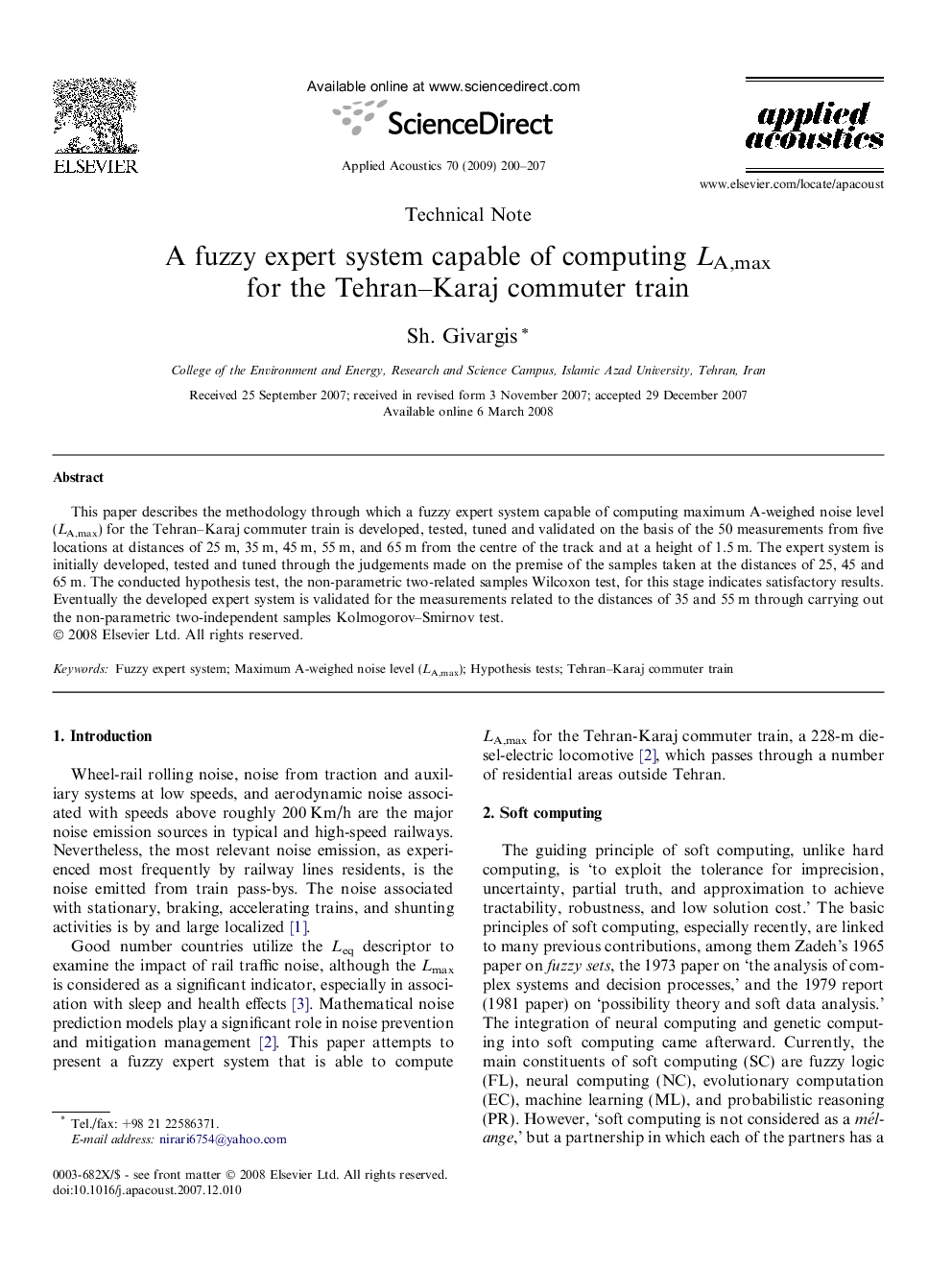 A fuzzy expert system capable of computing LA,max for the Tehran–Karaj commuter train