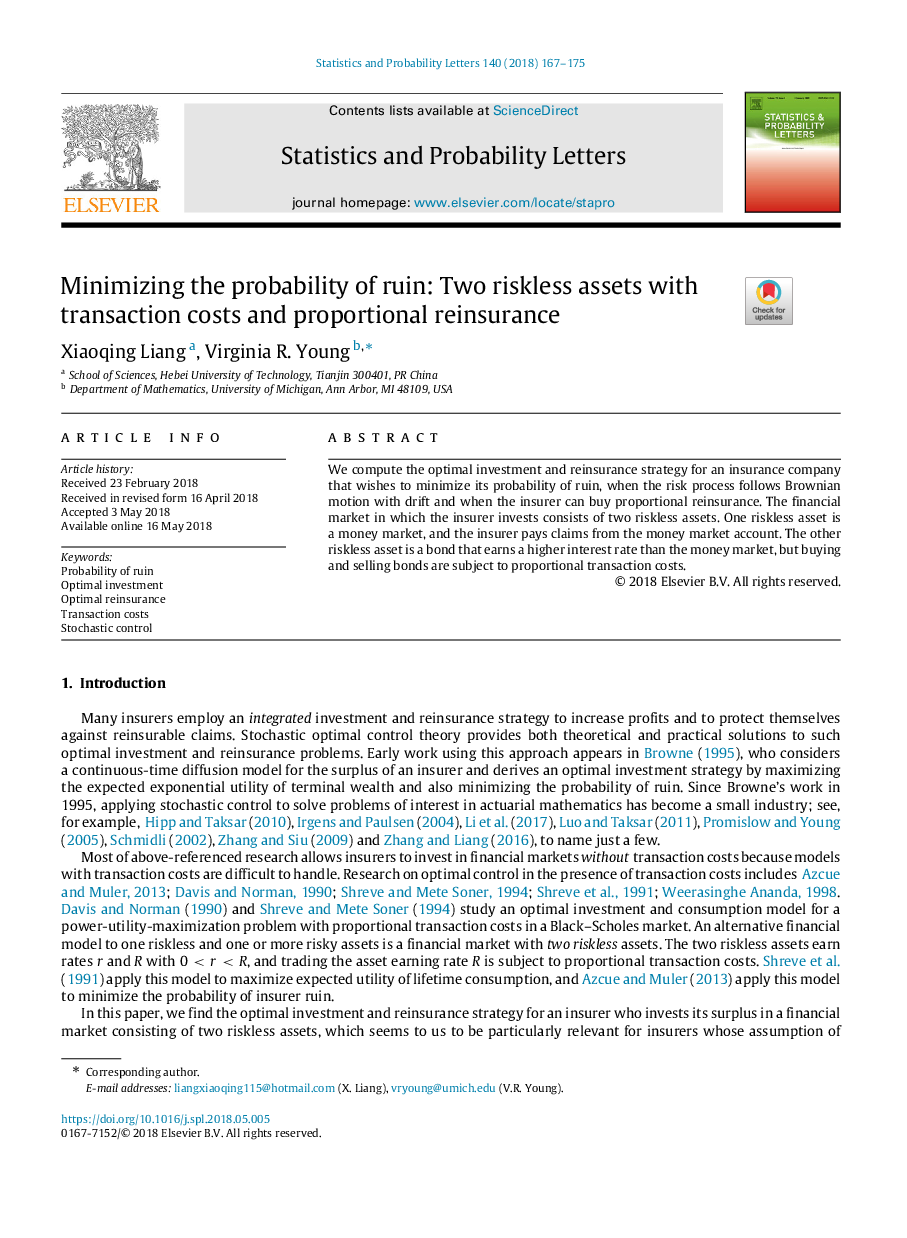 Minimizing the probability of ruin: Two riskless assets with transaction costs and proportional reinsurance