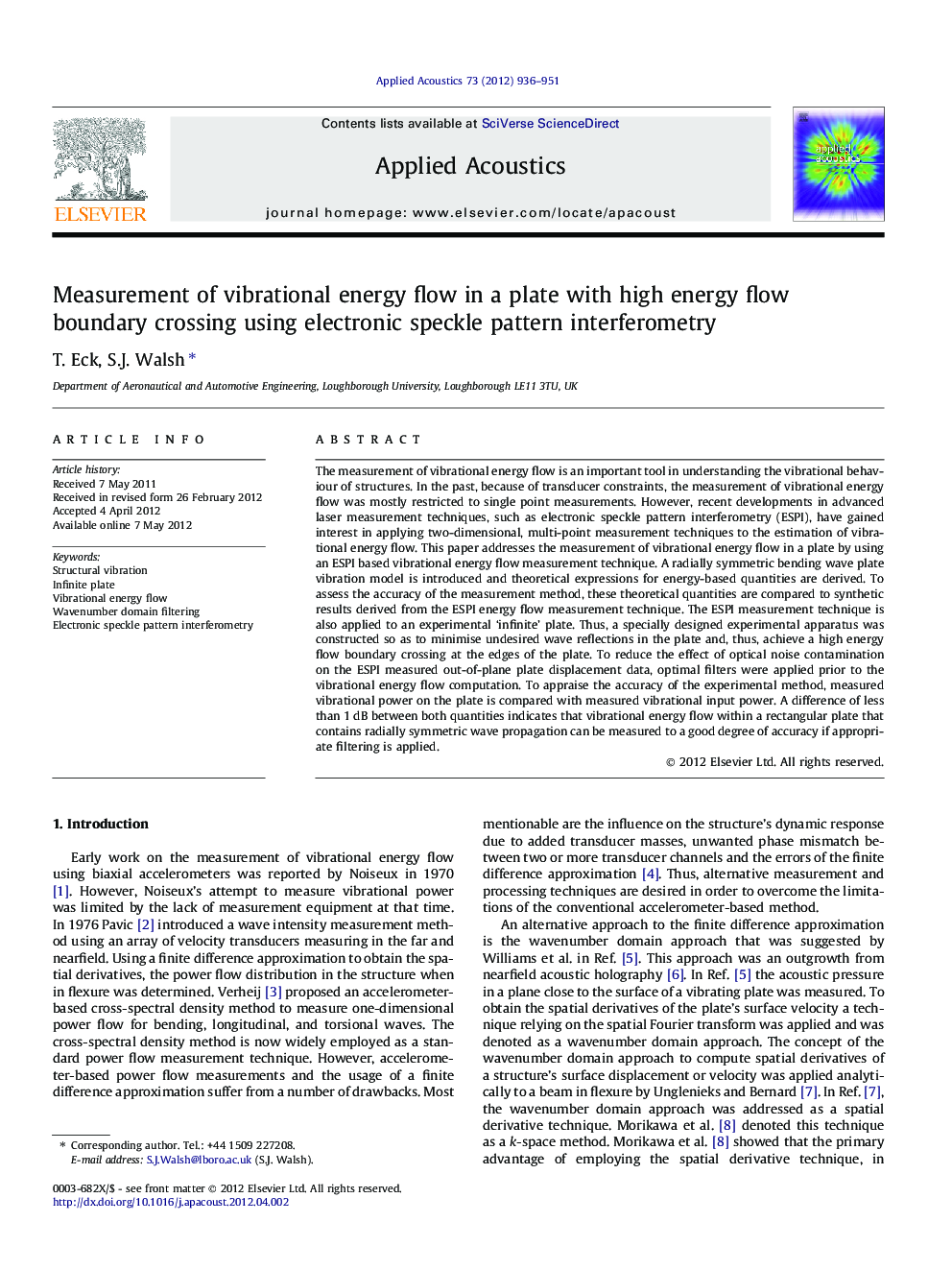 Measurement of vibrational energy flow in a plate with high energy flow boundary crossing using electronic speckle pattern interferometry