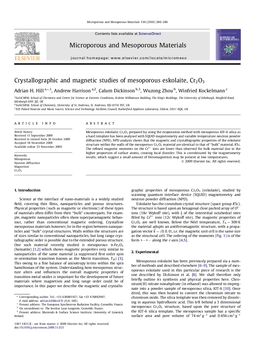 Crystallographic and magnetic studies of mesoporous eskolaite, Cr2O3Cr2O3
