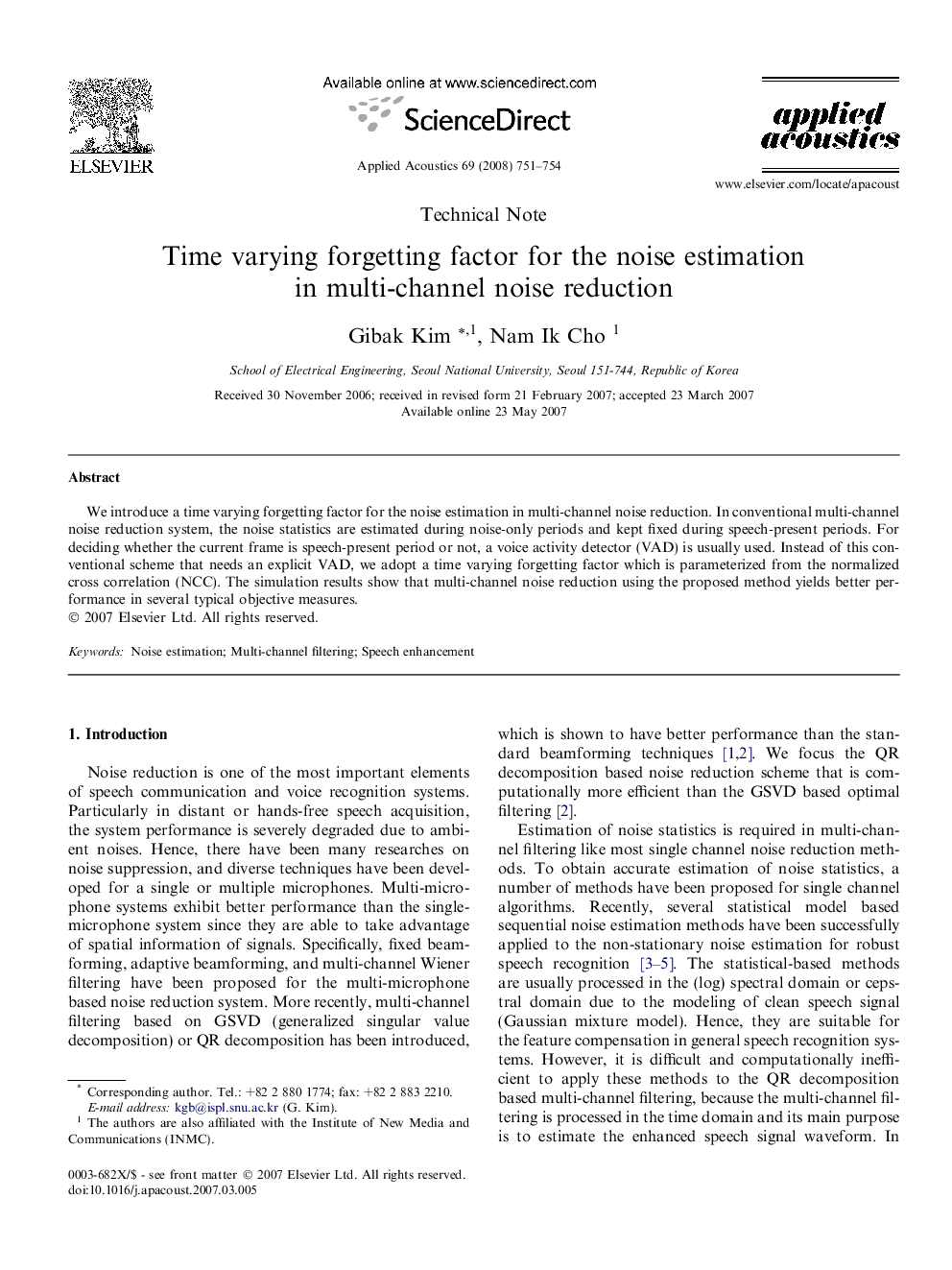 Time varying forgetting factor for the noise estimation in multi-channel noise reduction