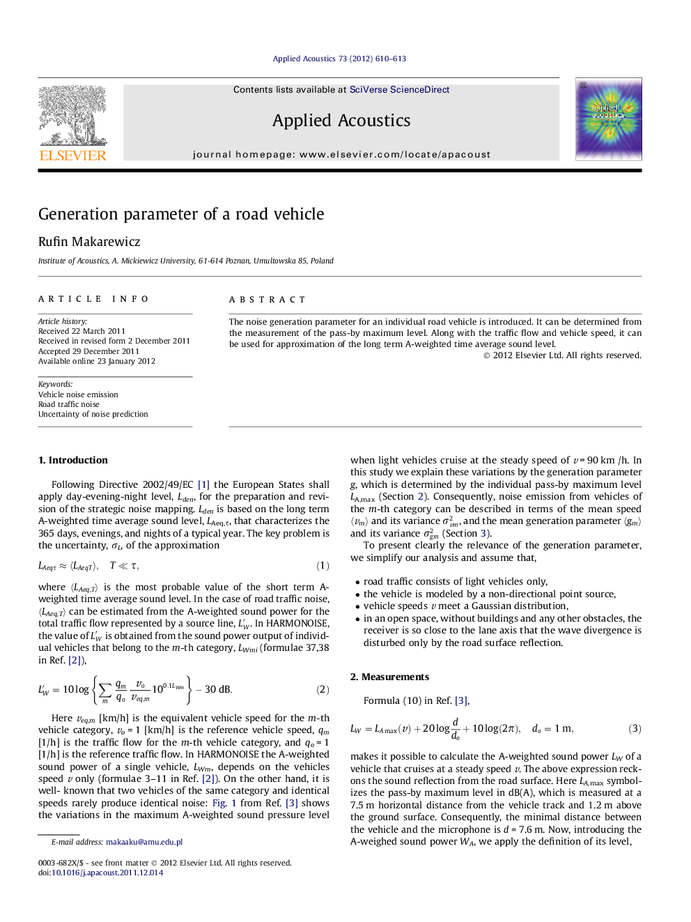 Generation parameter of a road vehicle