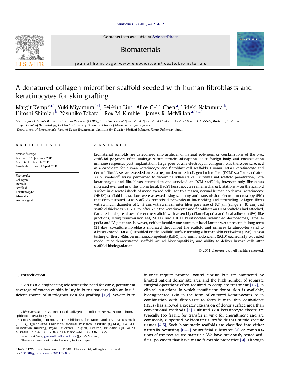 A denatured collagen microfiber scaffold seeded with human fibroblasts and keratinocytes for skin grafting