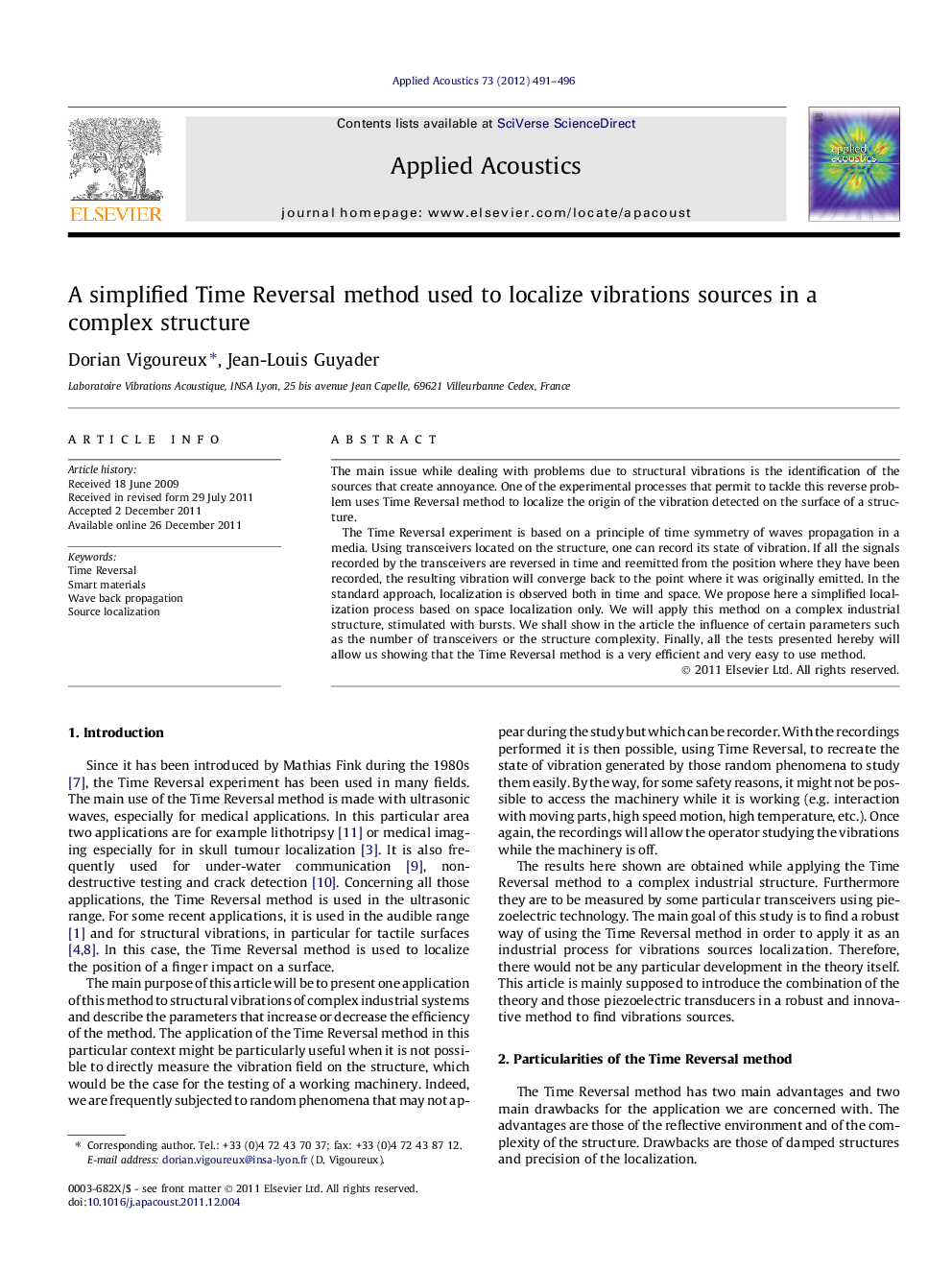 A simplified Time Reversal method used to localize vibrations sources in a complex structure