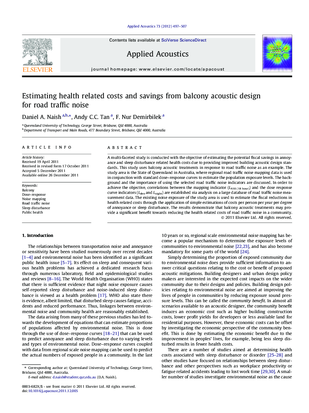 Estimating health related costs and savings from balcony acoustic design for road traffic noise