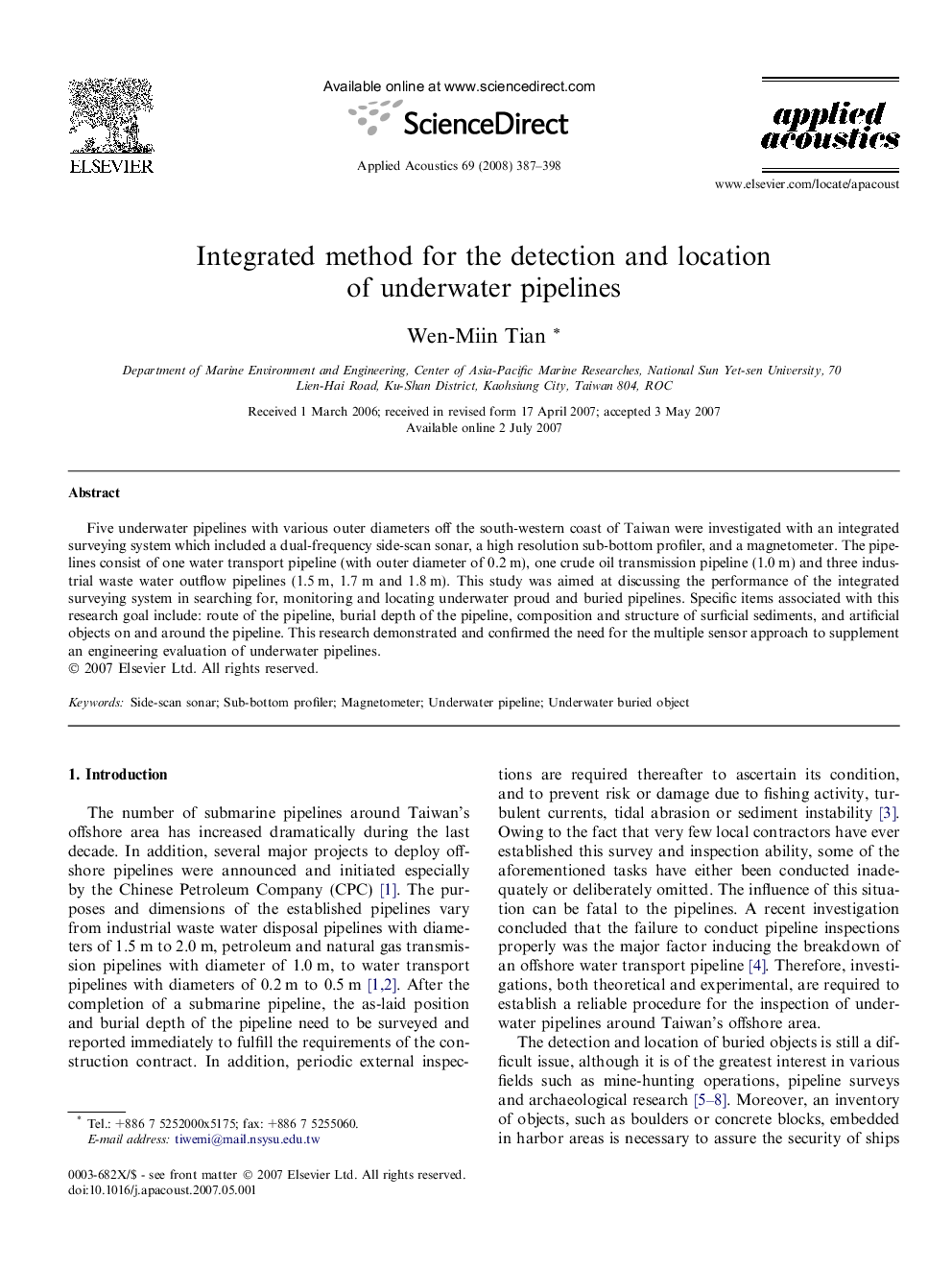 Integrated method for the detection and location of underwater pipelines