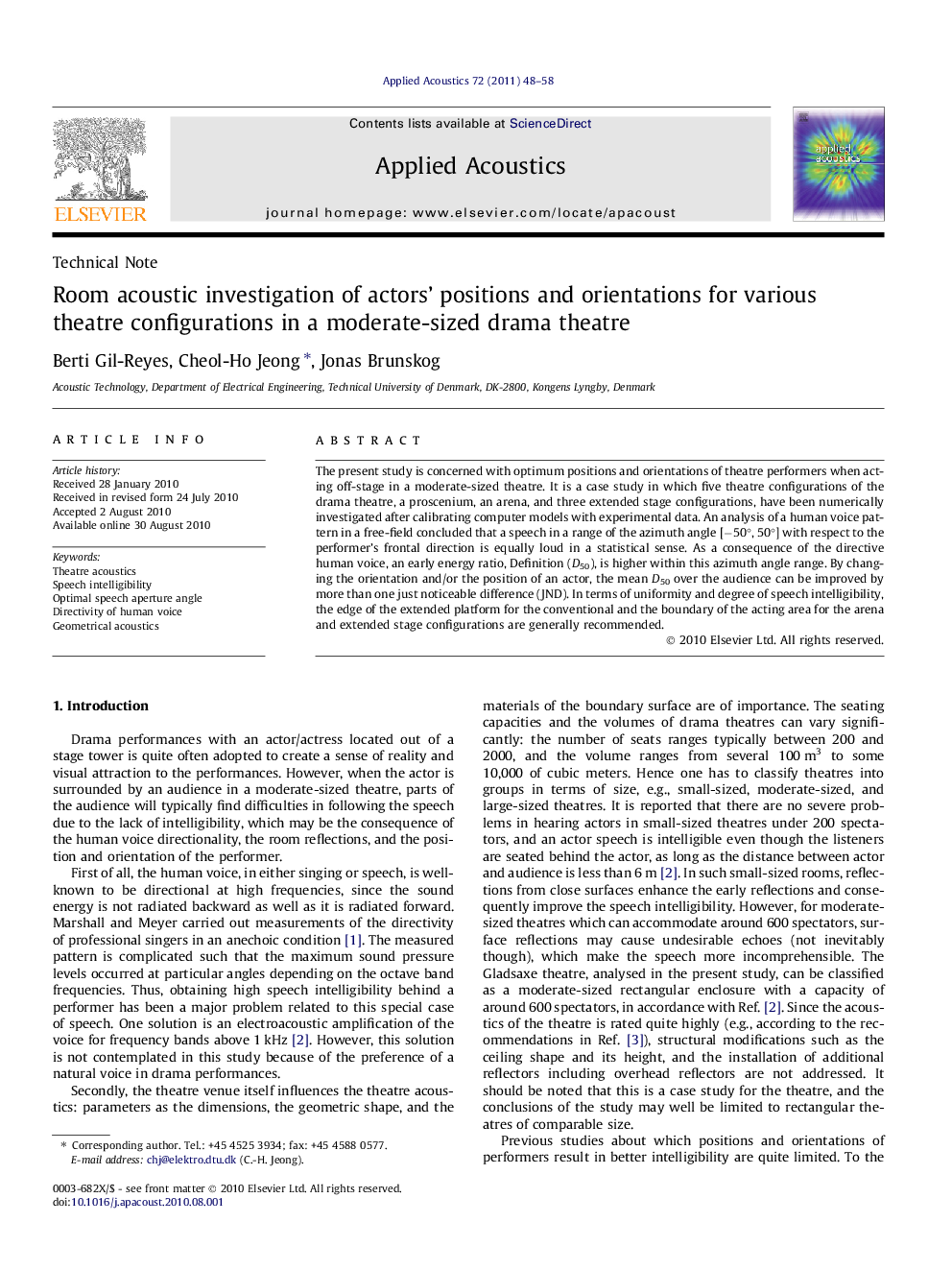 Room acoustic investigation of actors’ positions and orientations for various theatre configurations in a moderate-sized drama theatre