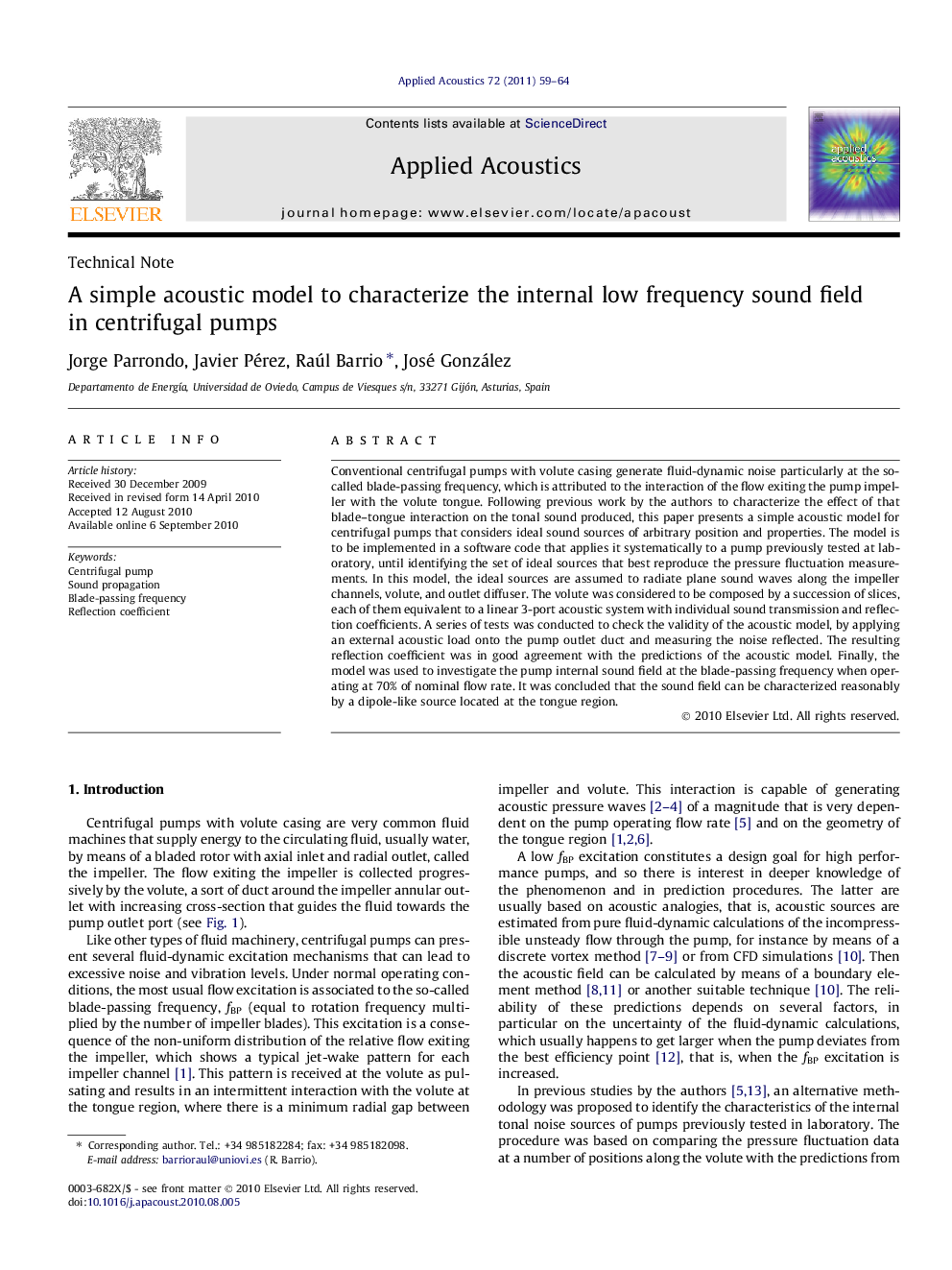 A simple acoustic model to characterize the internal low frequency sound field in centrifugal pumps