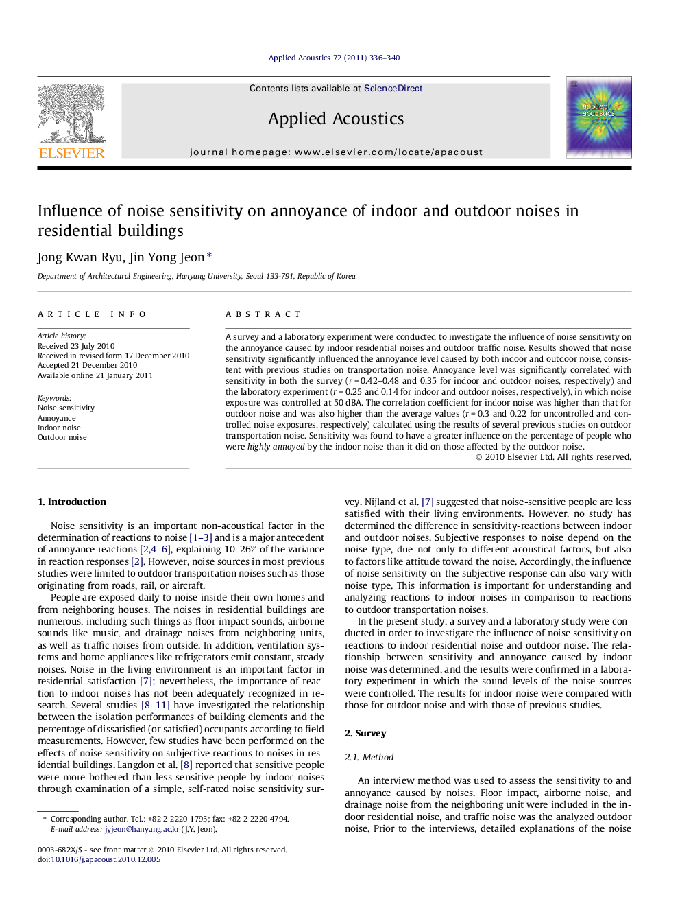 Influence of noise sensitivity on annoyance of indoor and outdoor noises in residential buildings