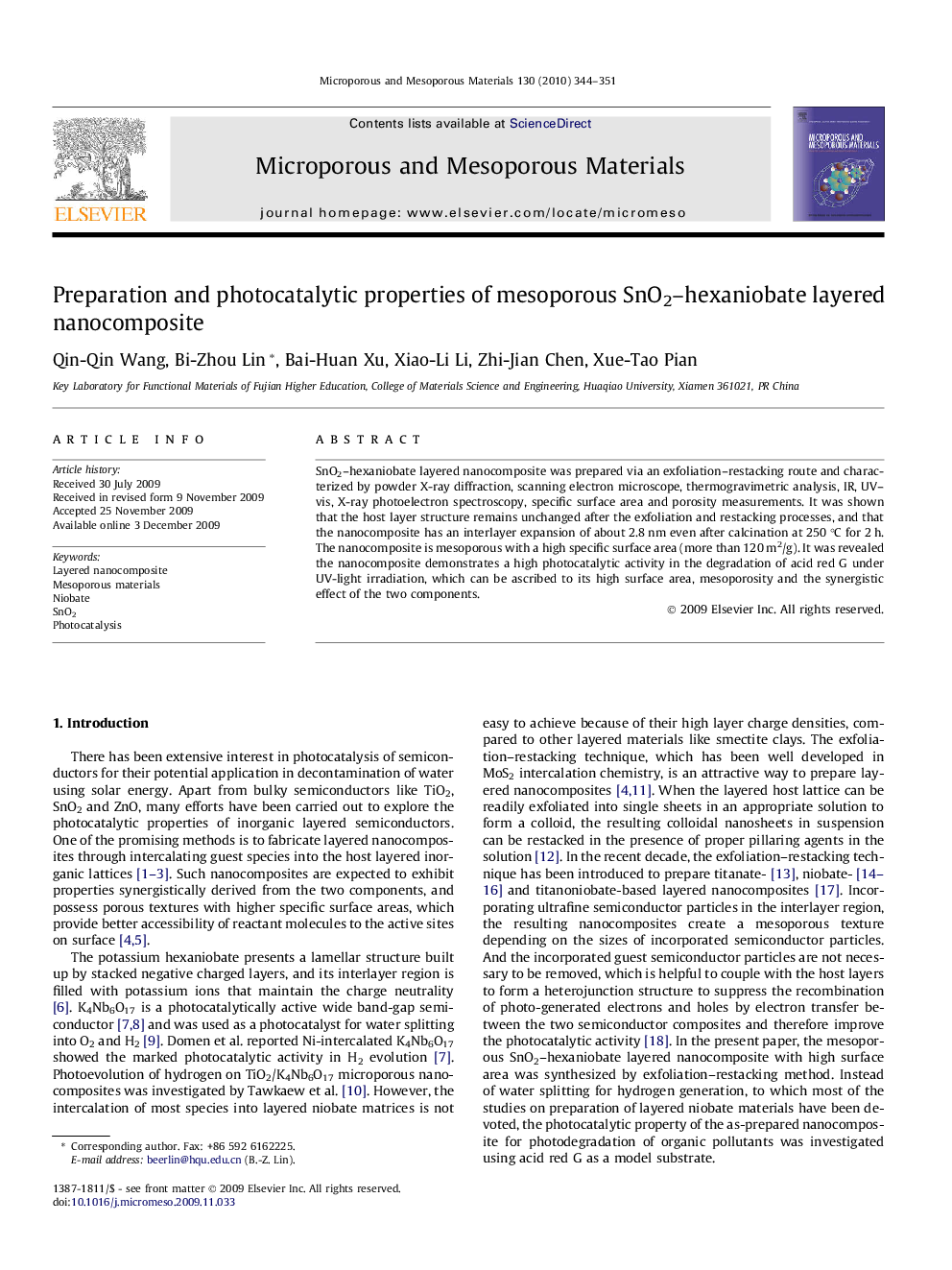 Preparation and photocatalytic properties of mesoporous SnO2–hexaniobate layered nanocomposite