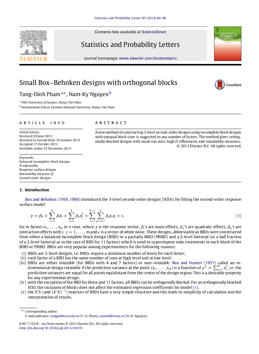 عکس صفحه اول مقاله: Small Box-Behnken designs with orthogonal blocks Small Box-Behnken designs with orthogonal blocks