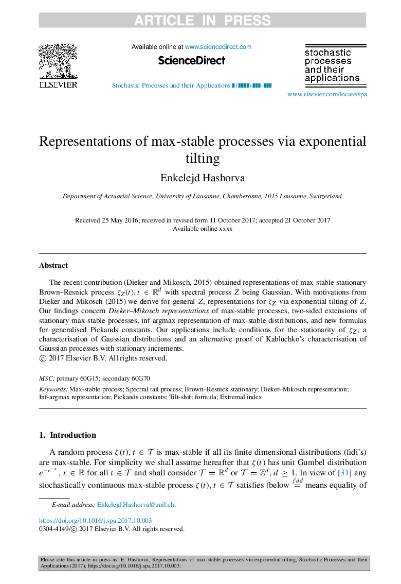 Representations Of Max Stable Processes Via Exponential Tilting