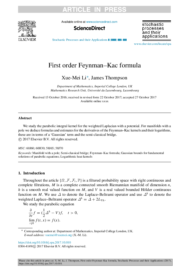 First order Feynman-Kac formula