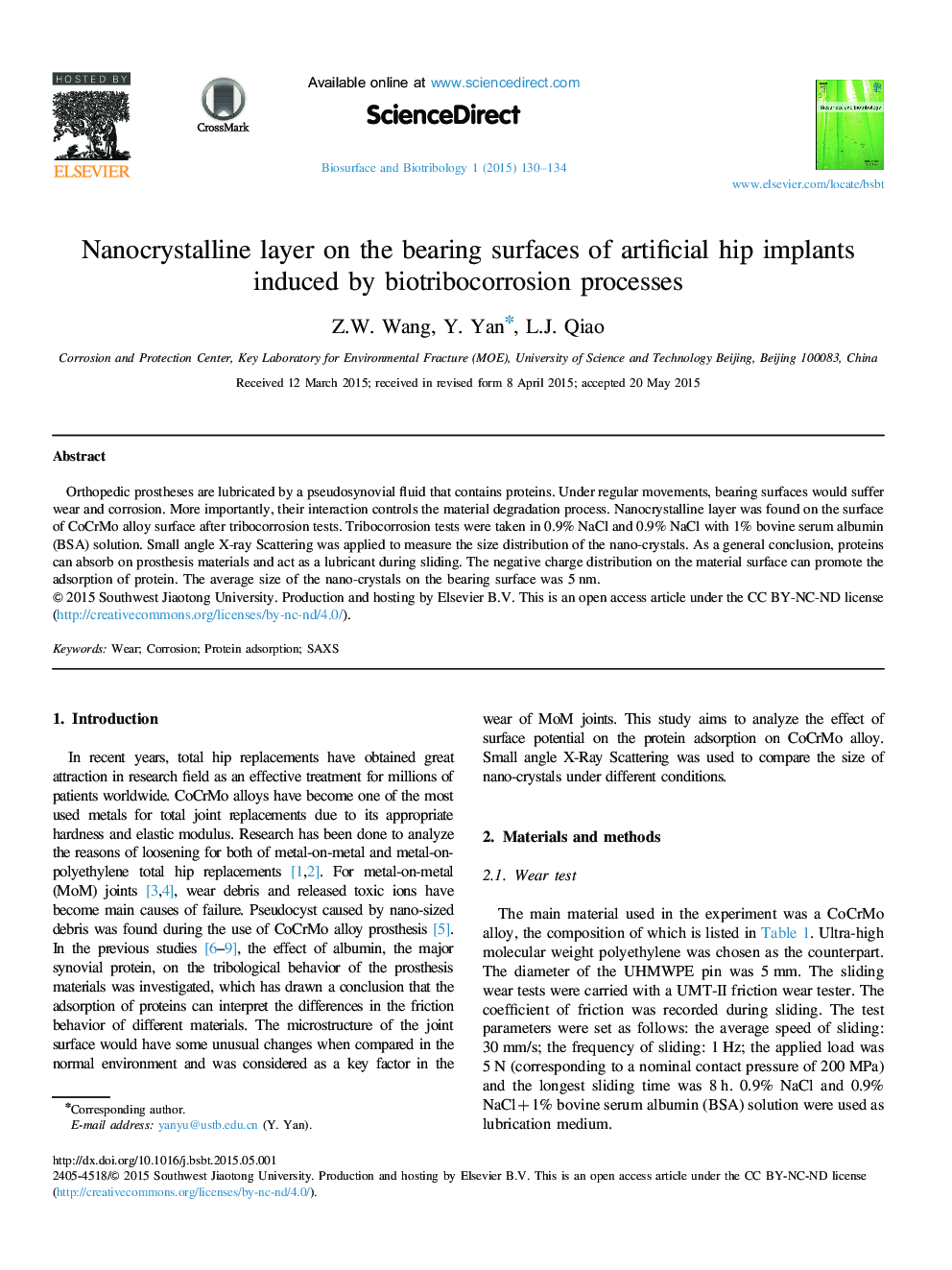 Nanocrystalline layer on the bearing surfaces of artificial hip implants induced by biotribocorrosion processes