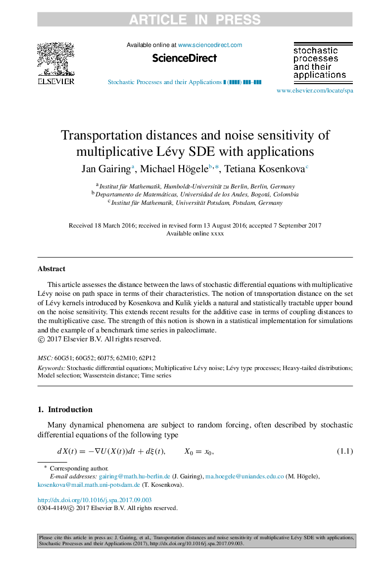 Transportation distances and noise sensitivity of multiplicative Lévy SDE with applications