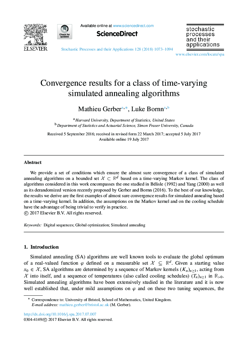 نتایج همگرایی برای یک کلاس از الگوریتم های آنیلینگ شبیه سازی متغیر زمان 