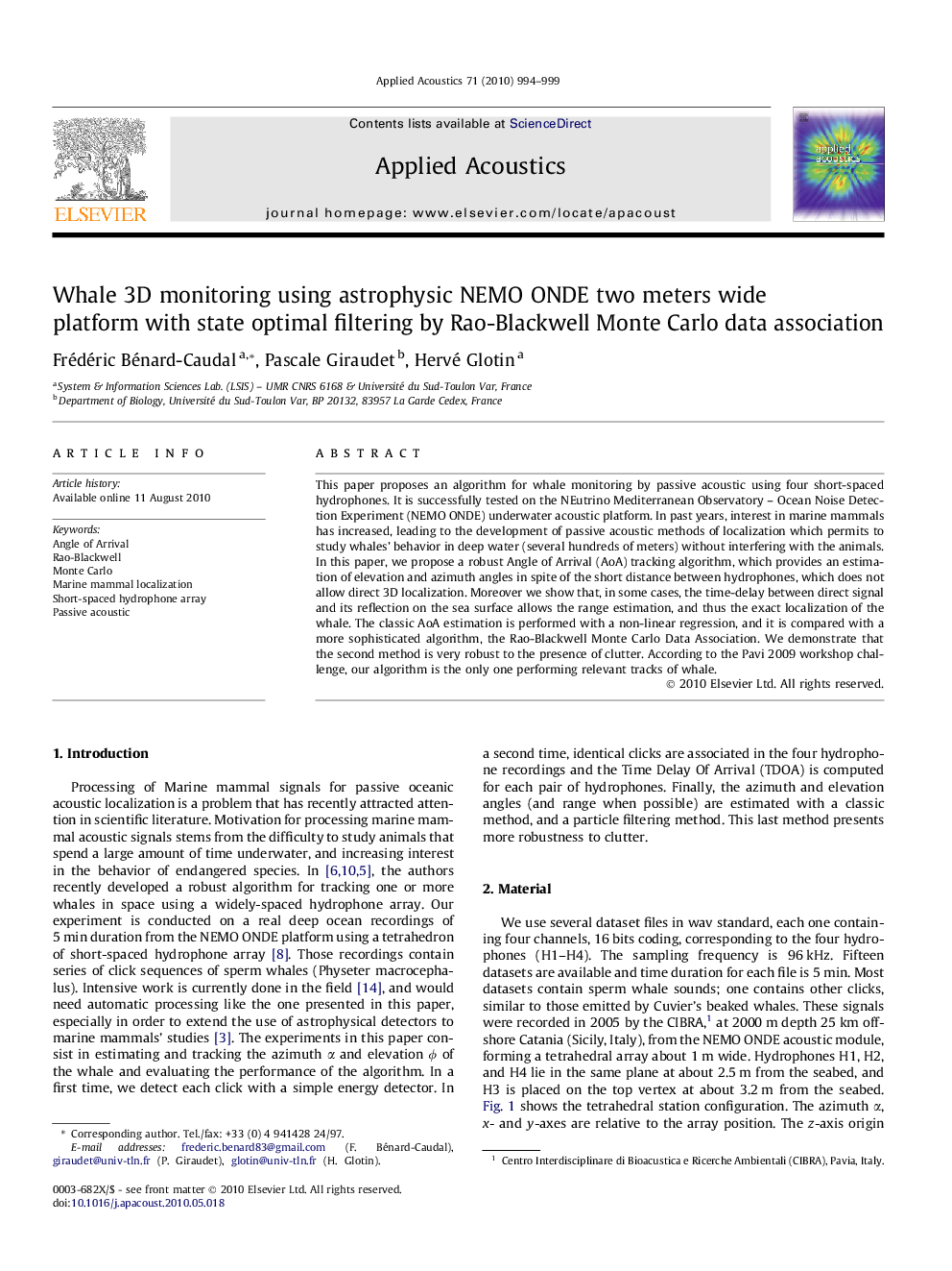 Whale 3D monitoring using astrophysic NEMO ONDE two meters wide platform with state optimal filtering by Rao-Blackwell Monte Carlo data association